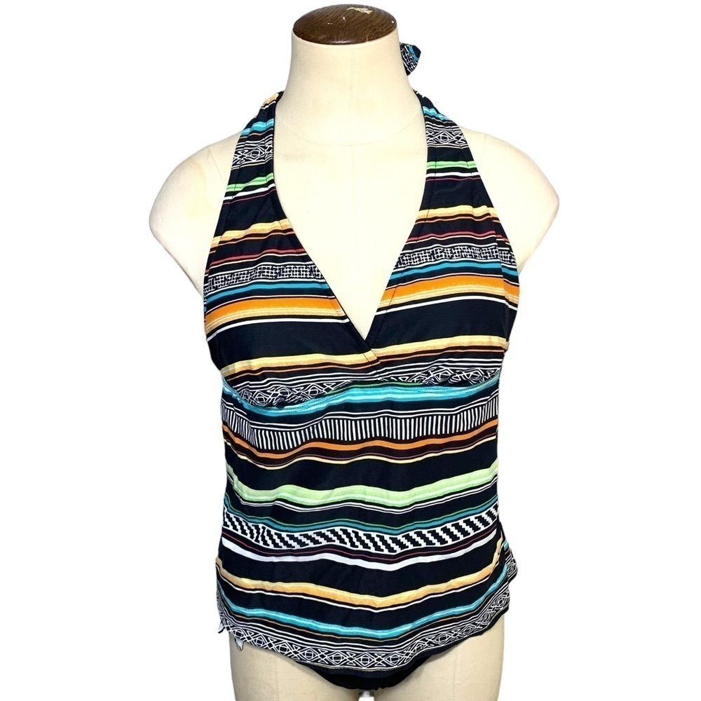 Captiva Halter Neck Tankini Swim Top Black Colorful Tribal Stripes Sz L Beach